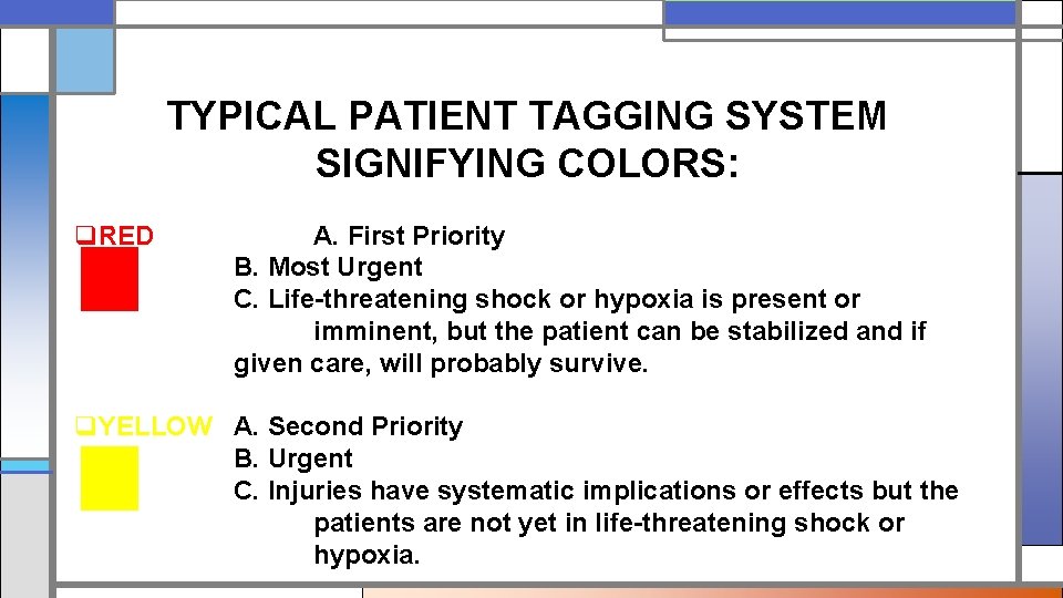 TYPICAL PATIENT TAGGING SYSTEM SIGNIFYING COLORS: q. RED A. First Priority B. Most Urgent