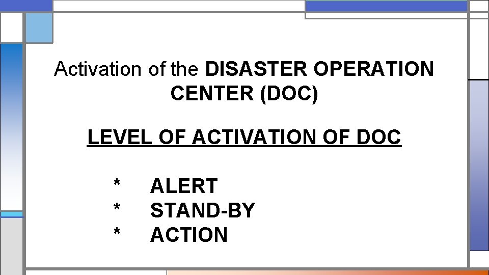 Activation of the DISASTER OPERATION CENTER (DOC) LEVEL OF ACTIVATION OF DOC * *