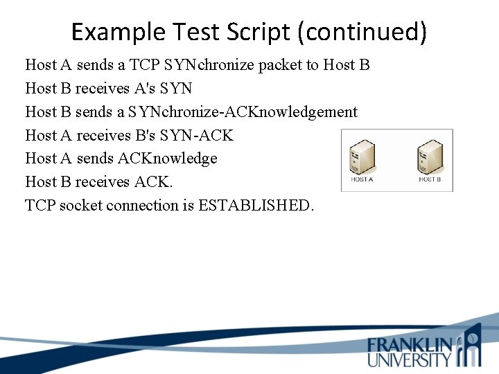 Example Test Script (continued) Host A sends a TCP SYNchronize packet to Host B