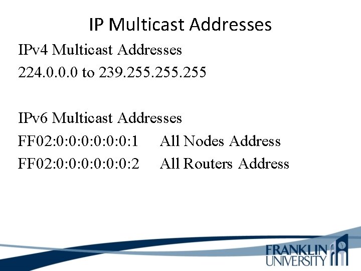 IP Multicast Addresses IPv 4 Multicast Addresses 224. 0. 0. 0 to 239. 255