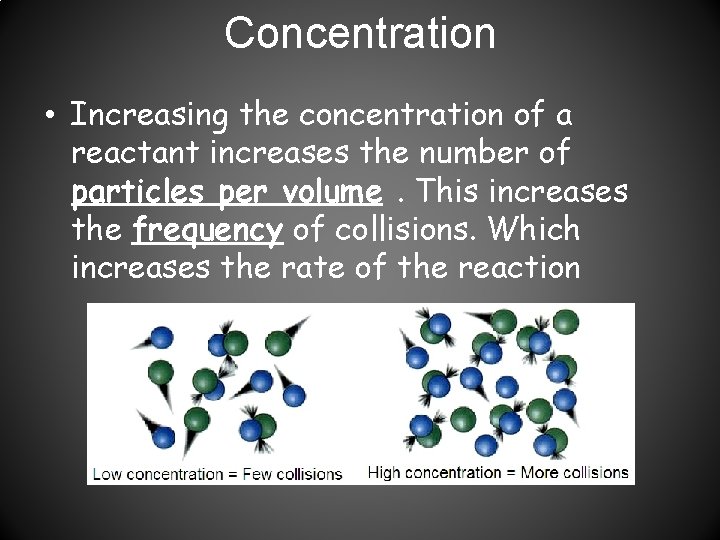 Concentration • Increasing the concentration of a reactant increases the number of particles per