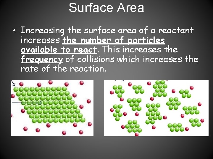 Surface Area • Increasing the surface area of a reactant increases the number of