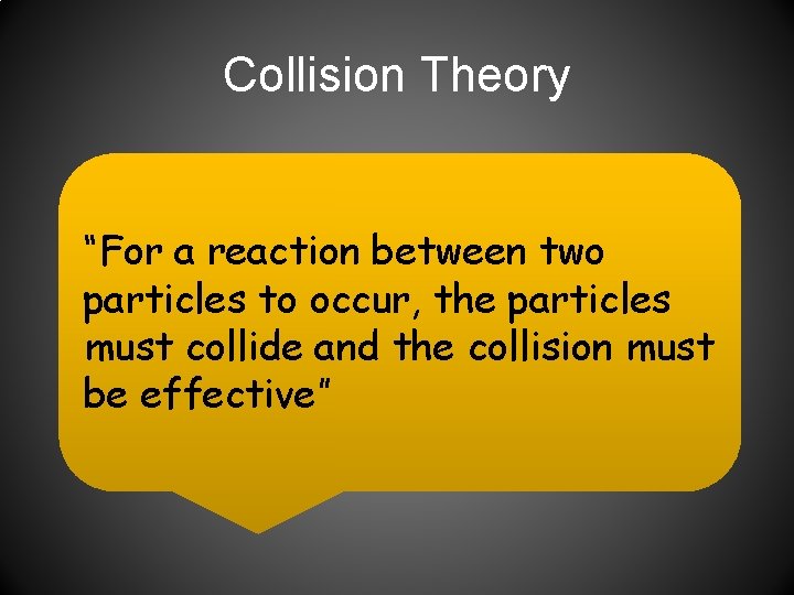 Collision Theory “For a reaction between two particles to occur, the particles must collide
