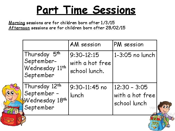 Part Time Sessions Morning sessions are for children born after 1/3/15 Afternoon sessions are