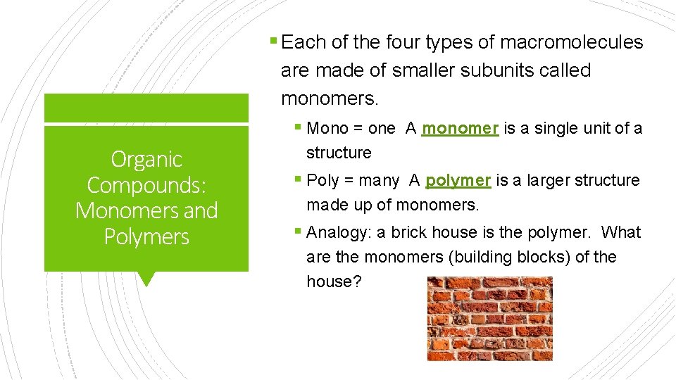 § Each of the four types of macromolecules are made of smaller subunits called