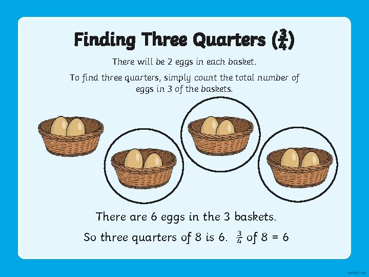 Finding Three Quarters (¾) There will be 2 eggs in each basket. To find