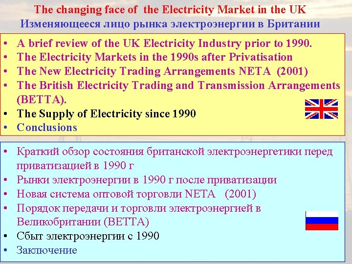 The changing face of the Electricity Market in the UK Изменяющееся лицо рынка электроэнергии