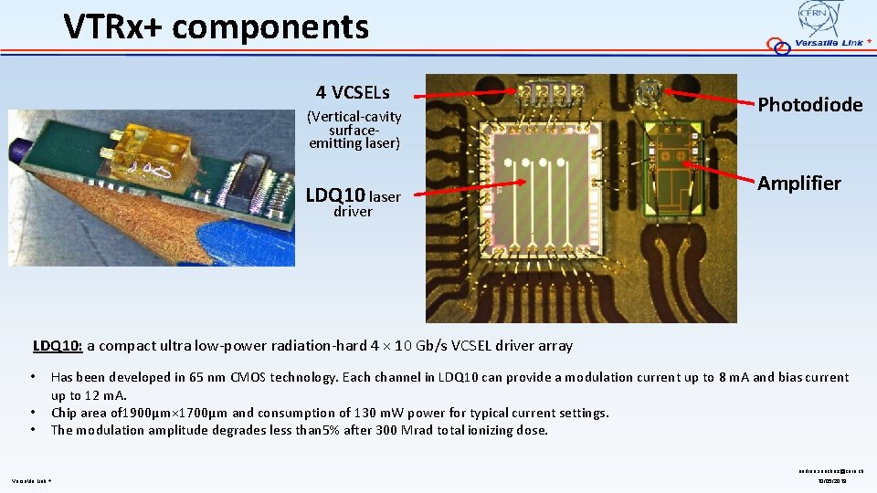 VTRx+ components 4 VCSELs (Vertical-cavity surfaceemitting laser) LDQ 10 laser Photodiode Amplifier driver LDQ