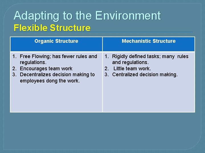 Adapting to the Environment Flexible Structure Organic Structure 1. Free Flowing; has fewer rules