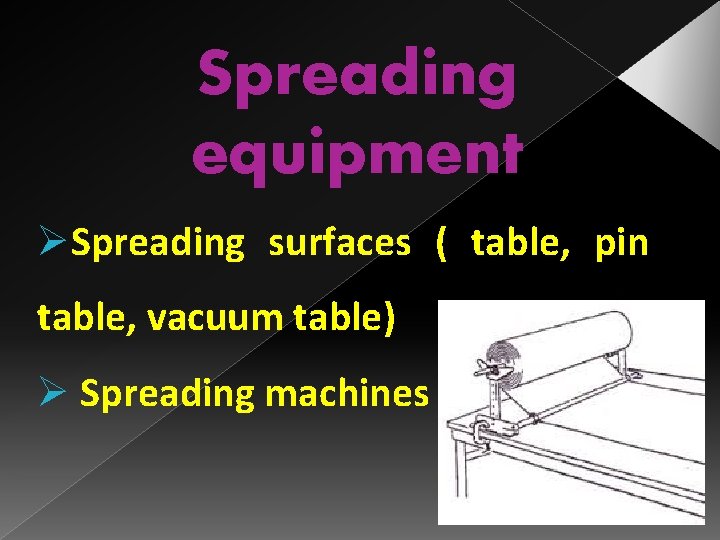 Spreading equipment ØSpreading surfaces ( table, pin table, vacuum table) Ø Spreading machines 