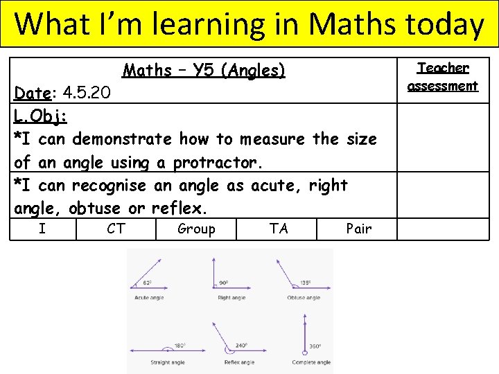 What I’m learning in Maths today Maths – Y 5 (Angles) Date: 4. 5.