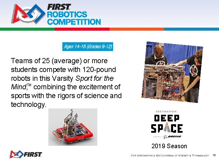 Teams of 25 (average) or more students compete with 120 -pound robots in this