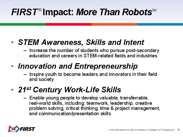 FIRST Impact: More Than Robots ® SM • STEM Awareness, Skills and Intent –