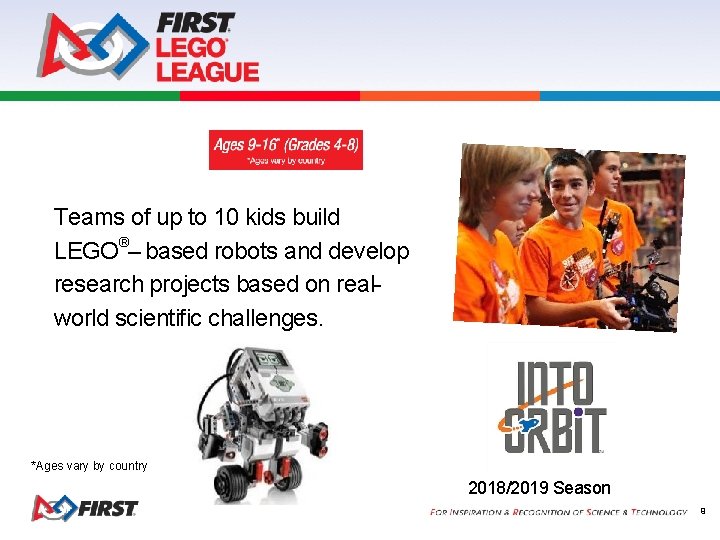 Teams of up to 10 kids build LEGO®– based robots and develop research projects