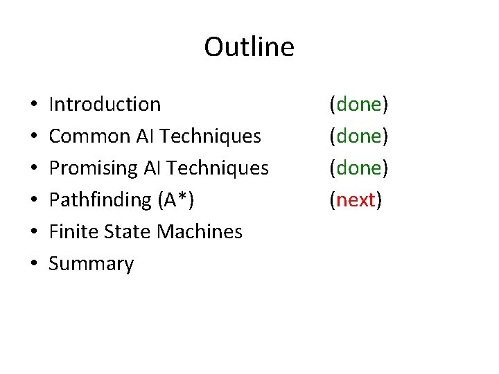 Outline • • • Introduction Common AI Techniques Promising AI Techniques Pathfinding (A*) Finite