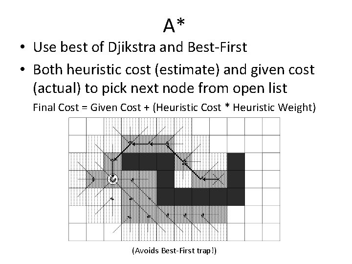 A* • Use best of Djikstra and Best-First • Both heuristic cost (estimate) and