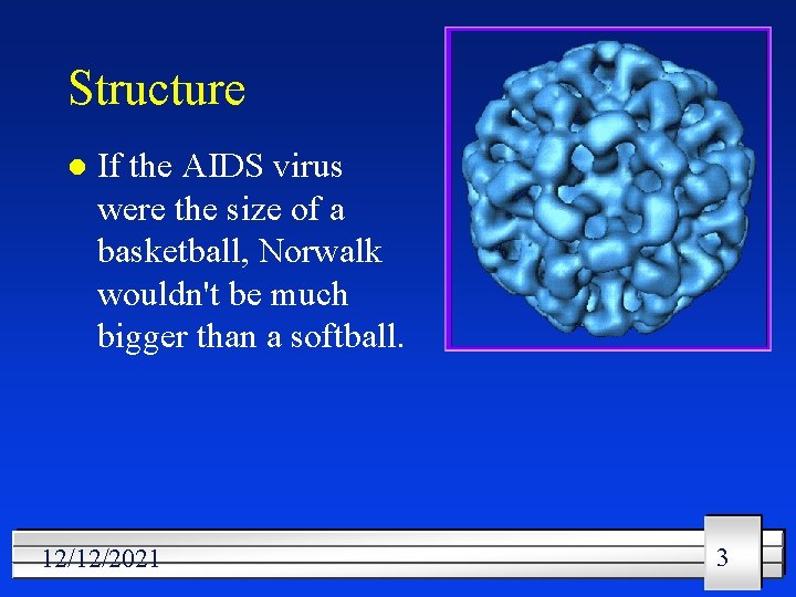 Structure l If the AIDS virus were the size of a basketball, Norwalk wouldn't