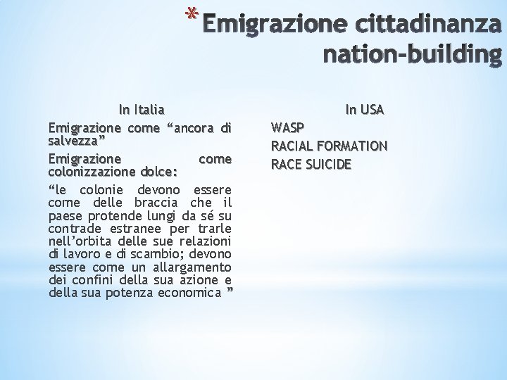 * Emigrazione cittadinanza nation-building In Italia Emigrazione come “ancora di salvezza” Emigrazione come colonizzazione