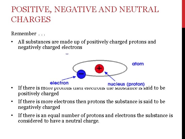 POSITIVE, NEGATIVE AND NEUTRAL CHARGES Remember. . . • All substances are made up