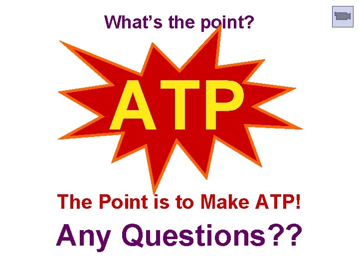 What’s the point? ATP The Point is to Make ATP! Any Questions? ? 