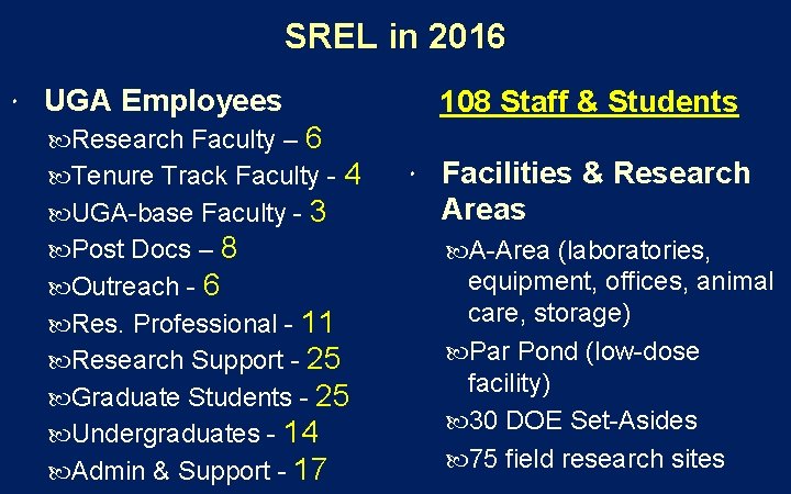 SREL in 2016 UGA Employees Research Faculty – 108 Staff & Students 6 Tenure SREL in 2016 UGA Employees Research Faculty – 108 Staff & Students 6 Tenure