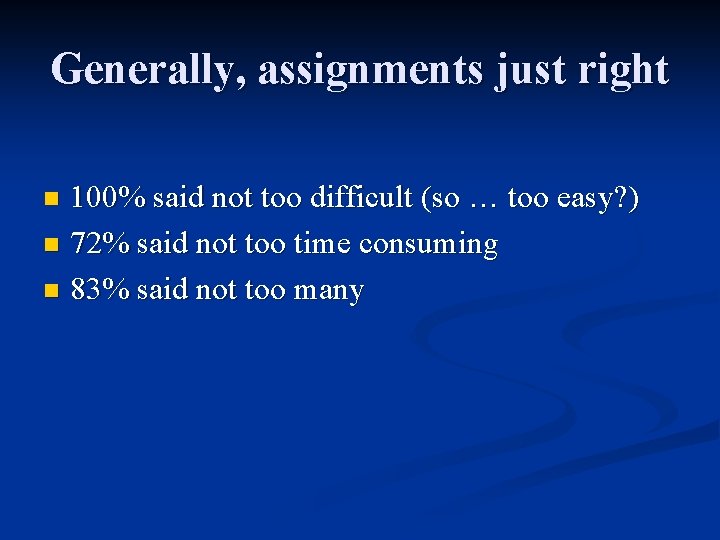 Generally, assignments just right 100% said not too difficult (so … too easy? )