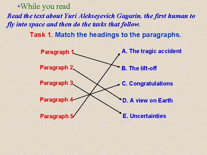 *While you read Read the text about Yuri Alekseyevich Gagarin, the first human to