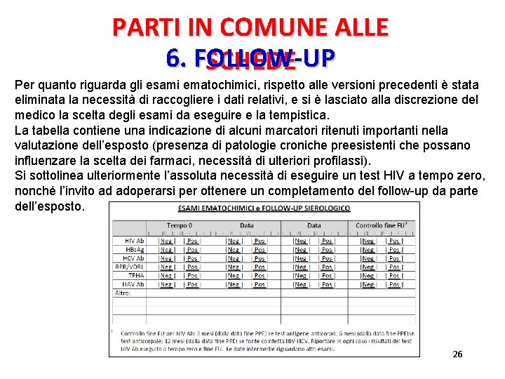 PARTI IN COMUNE ALLE 6. FOLLOW-UP SCHEDE Per quanto riguarda gli esami ematochimici, rispetto PARTI IN COMUNE ALLE 6. FOLLOW-UP SCHEDE Per quanto riguarda gli esami ematochimici, rispetto