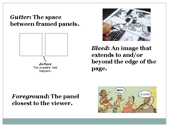 Gutter: The space between framed panels. Bleed: An image that extends to and/or beyond