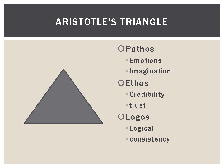 ARISTOTLE'S TRIANGLE Pathos § Emotions § Imagination Ethos § Credibility § trust Logos §