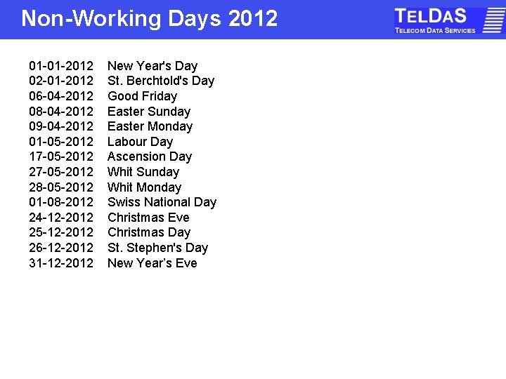 Non-Working Days 2012 01 -01 -2012 02 -01 -2012 06 -04 -2012 08 -04