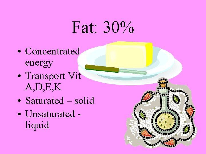 Fat: 30% • Concentrated energy • Transport Vit A, D, E, K • Saturated