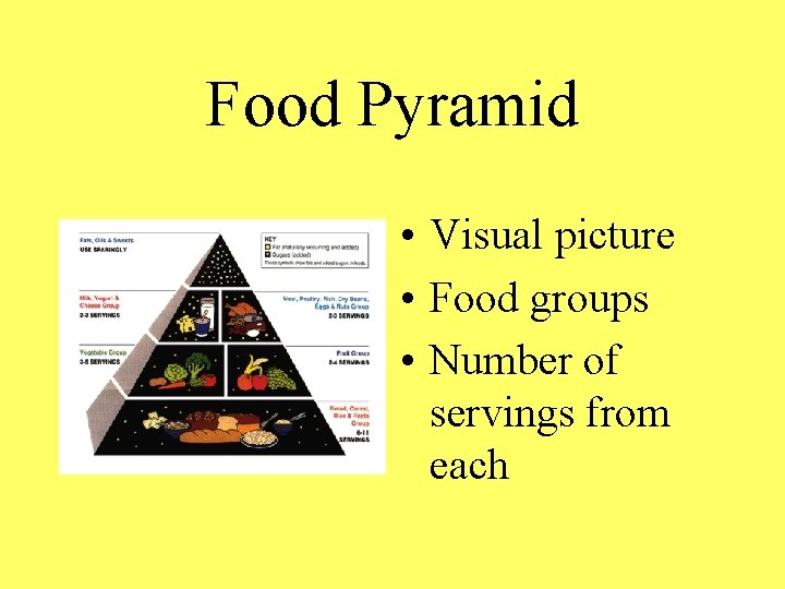 Food Pyramid • Visual picture • Food groups • Number of servings from each