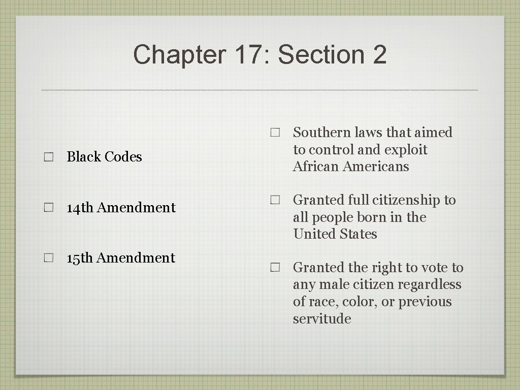 Chapter 17: Section 2 Black Codes 14 th Amendment 15 th Amendment Southern laws