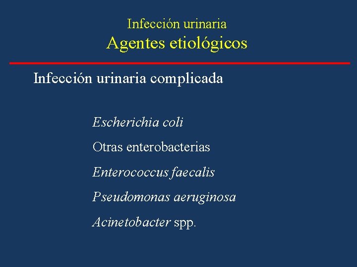 Infección urinaria Agentes etiológicos Infección urinaria complicada Escherichia coli Otras enterobacterias Enterococcus faecalis Pseudomonas Infección urinaria Agentes etiológicos Infección urinaria complicada Escherichia coli Otras enterobacterias Enterococcus faecalis Pseudomonas