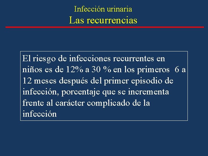 Infección urinaria Las recurrencias El riesgo de infecciones recurrentes en niños es de 12% Infección urinaria Las recurrencias El riesgo de infecciones recurrentes en niños es de 12%