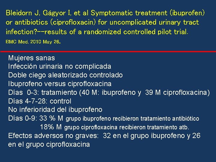 Bleidorn J, Gágyor I, et al Symptomatic treatment (ibuprofen) or antibiotics (ciprofloxacin) for uncomplicated Bleidorn J, Gágyor I, et al Symptomatic treatment (ibuprofen) or antibiotics (ciprofloxacin) for uncomplicated