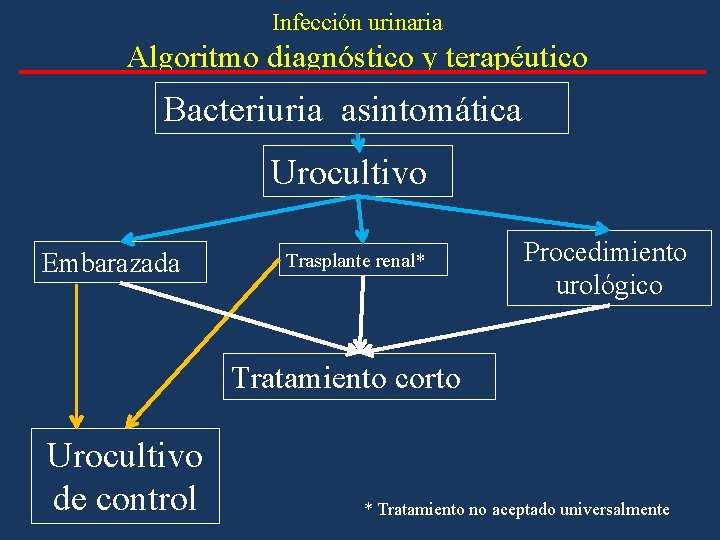 Infección urinaria Algoritmo diagnóstico y terapéutico Bacteriuria asintomática Urocultivo Embarazada Trasplante renal* Procedimiento urológico Infección urinaria Algoritmo diagnóstico y terapéutico Bacteriuria asintomática Urocultivo Embarazada Trasplante renal* Procedimiento urológico