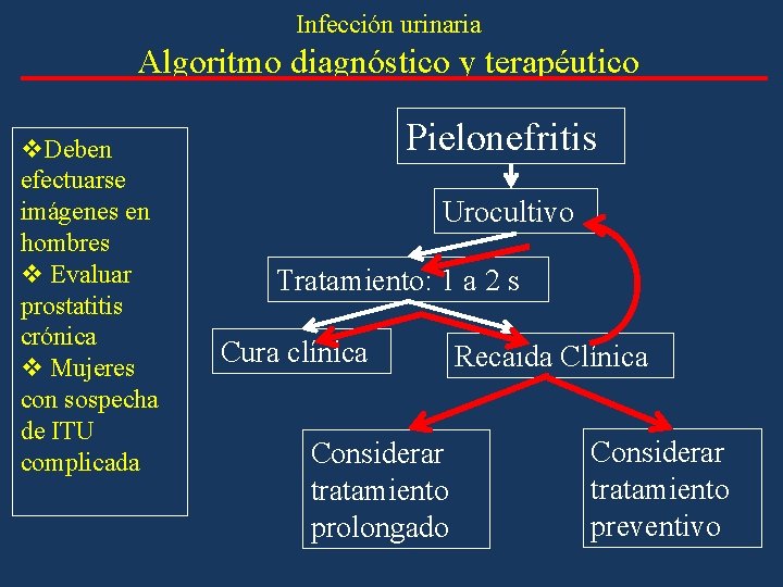 Infección urinaria Algoritmo diagnóstico y terapéutico v. Deben efectuarse imágenes en hombres v Evaluar Infección urinaria Algoritmo diagnóstico y terapéutico v. Deben efectuarse imágenes en hombres v Evaluar