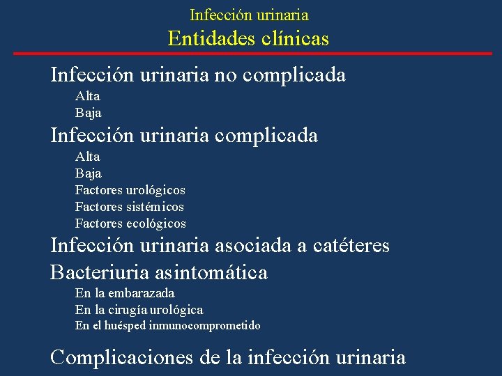 Infección urinaria Entidades clínicas Infección urinaria no complicada Alta Baja Infección urinaria complicada Alta Infección urinaria Entidades clínicas Infección urinaria no complicada Alta Baja Infección urinaria complicada Alta