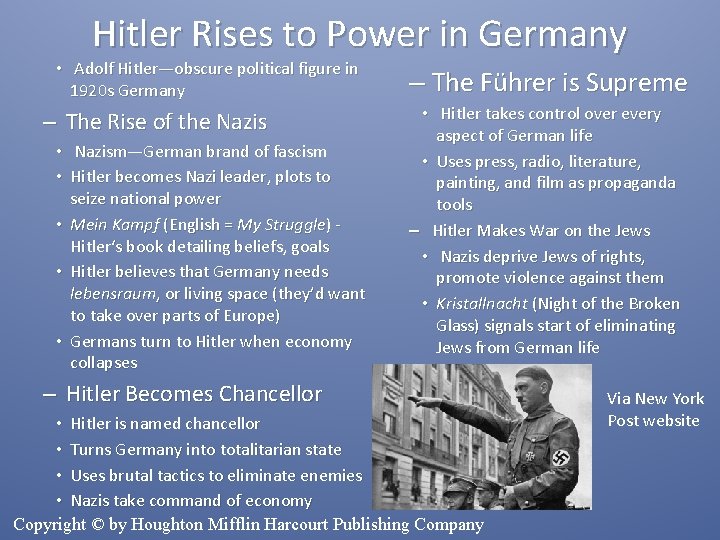 Hitler Rises to Power in Germany • Adolf Hitler—obscure political figure in 1920 s
