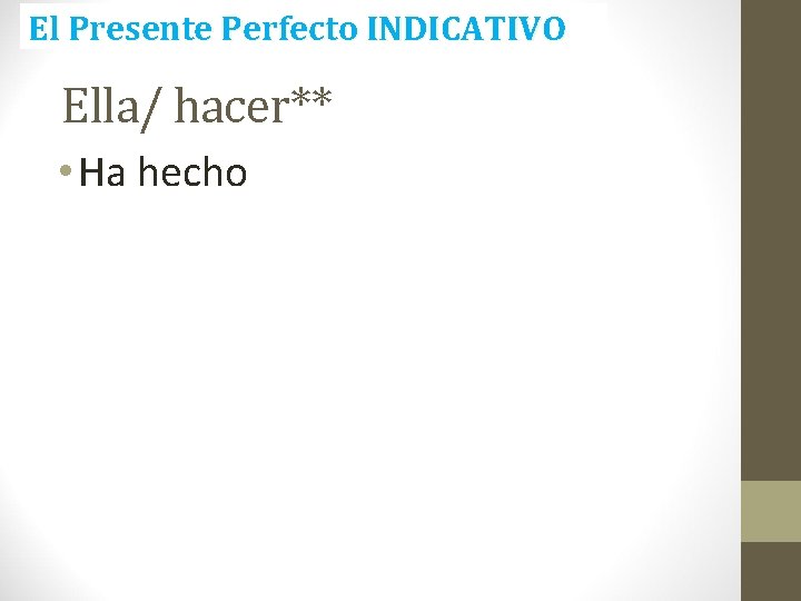 El Presente Perfecto INDICATIVO Ella/ hacer** • Ha hecho El Presente Perfecto INDICATIVO Ella/ hacer** • Ha hecho