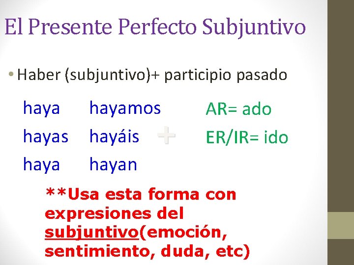 El Presente Perfecto Subjuntivo • Haber (subjuntivo)+ participio pasado hayas hayamos hayáis + hayan