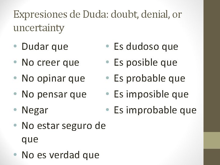 Expresiones de Duda: doubt, denial, or uncertainty • Dudar que No creer que •