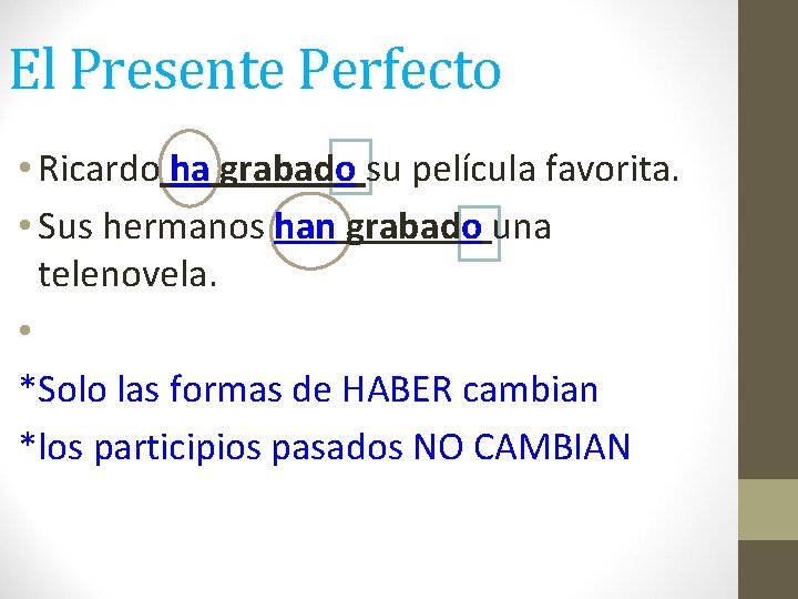 El Presente Perfecto • Ricardo ha grabado su película favorita. • Sus hermanos han El Presente Perfecto • Ricardo ha grabado su película favorita. • Sus hermanos han
