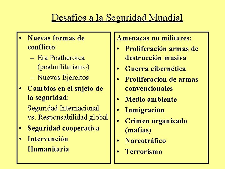 Desafíos a la Seguridad Mundial • Nuevas formas de conflicto: – Era Postheroica (postmilitarismo)