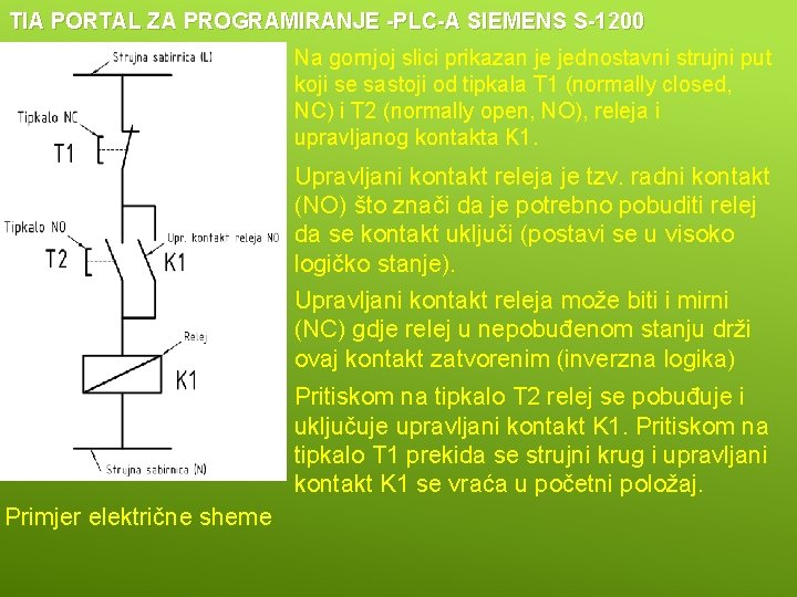 TIA PORTAL ZA PROGRAMIRANJE -PLC-A SIEMENS S-1200 Na gornjoj slici prikazan je jednostavni strujni