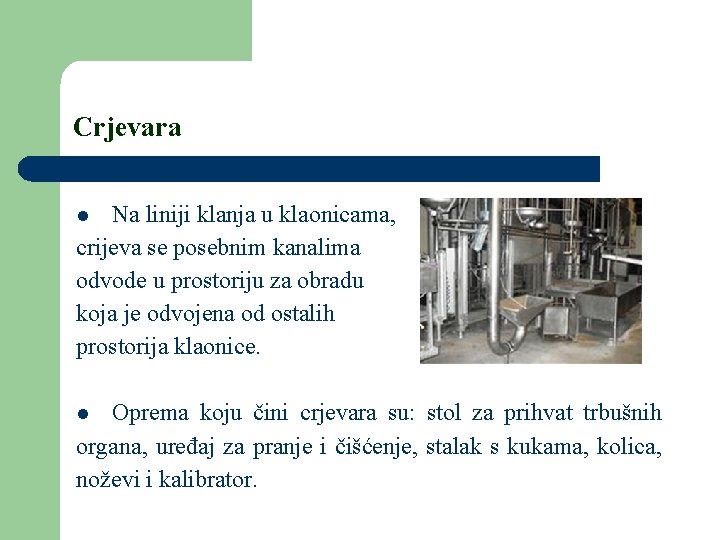 Crjevara Na liniji klanja u klaonicama, crijeva se posebnim kanalima odvode u prostoriju za