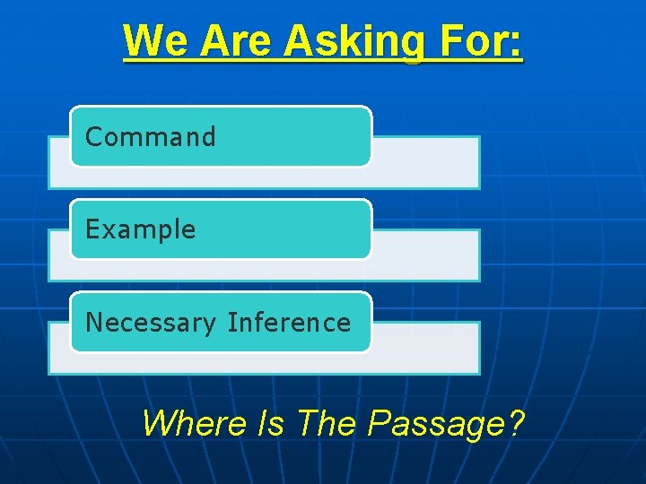 We Are Asking For: Command Example Necessary Inference Where Is The Passage? 