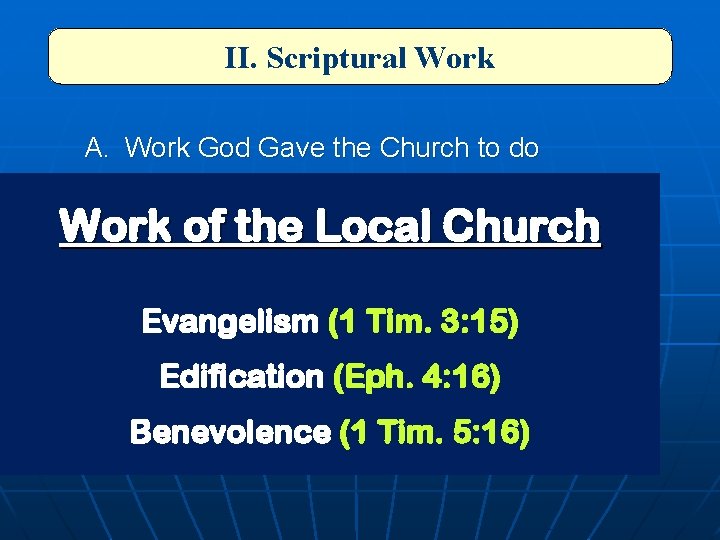 II. Scriptural Work A. Work God Gave the Church to do Work of the